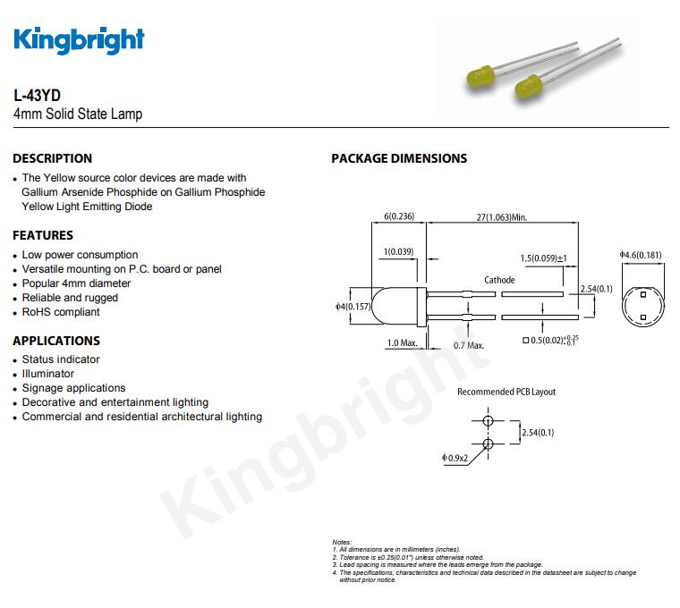 L-43YD Kingbright LED今台发光二极管