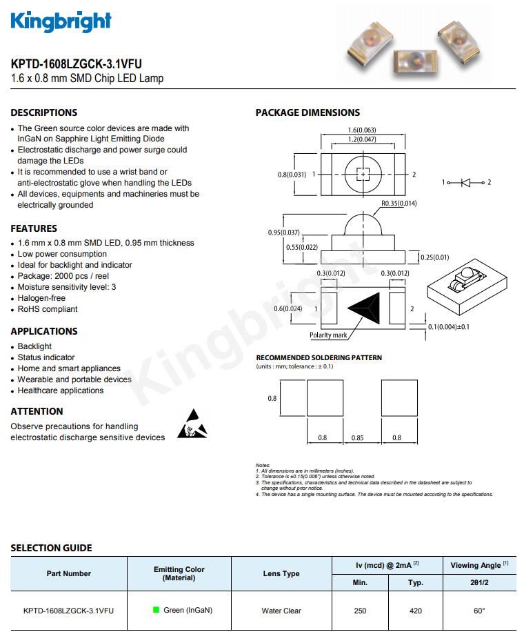 KPTD-1608LZGCK-3.1VFU Kingbright今台LED发光二极管