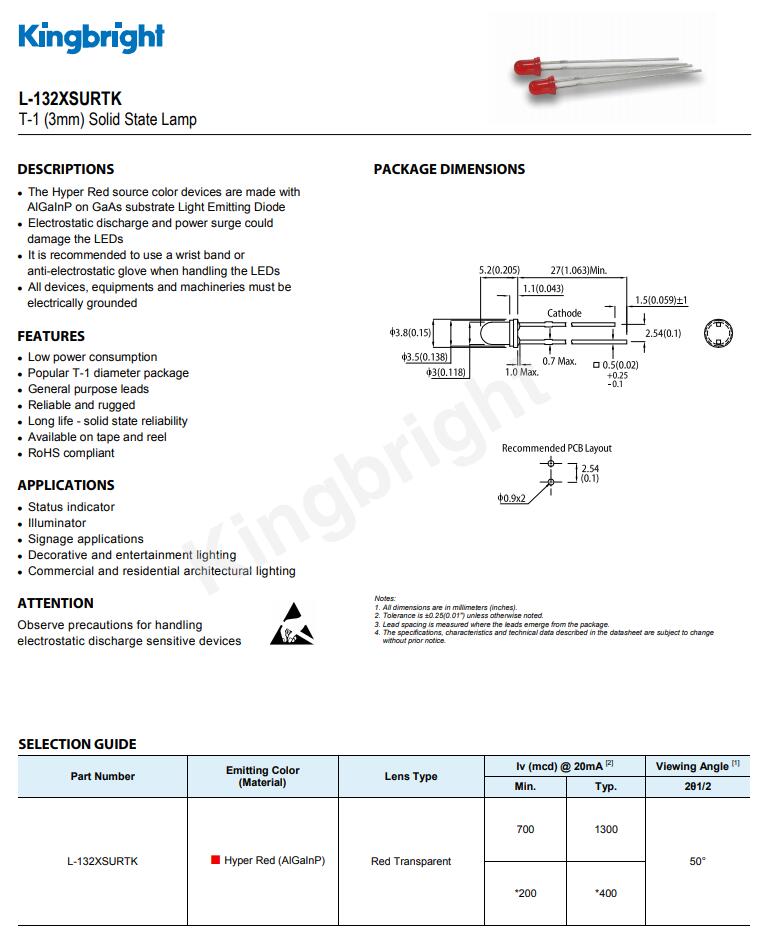 L-132XSURTK Kingbright今台发光二极管LED