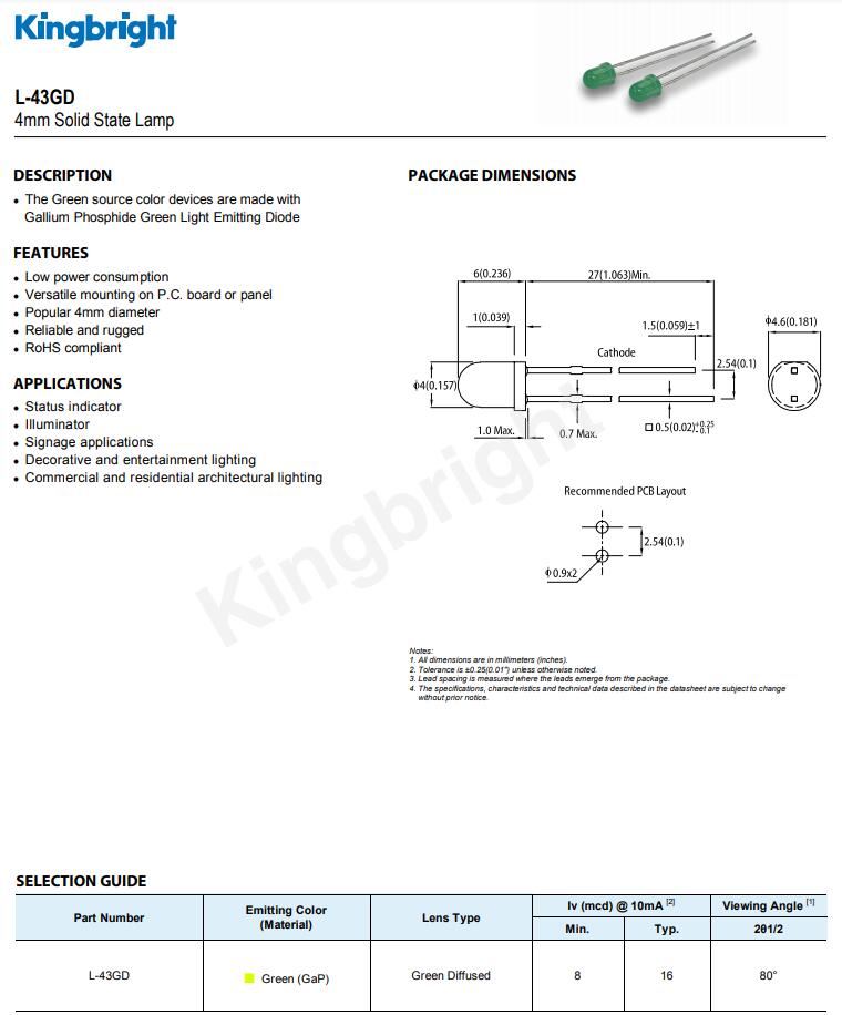 L-43GD Kingbright今台发光二极管LED